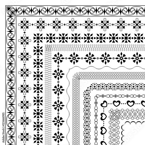 set of vector brushes with outer corner elements in modern and vintage styles to create borders, frames  for invitations, birthday and greeting cards, certificate. The brush included in the file