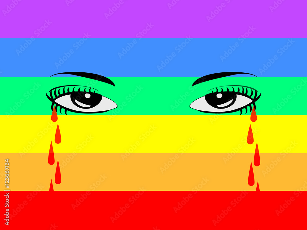 Eyes crying bloody tears with rainbow flag in the background Stock