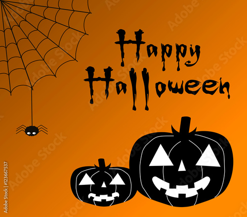 Happy Halloween! Two pumpkins and a cobweb with spider. Orange background.