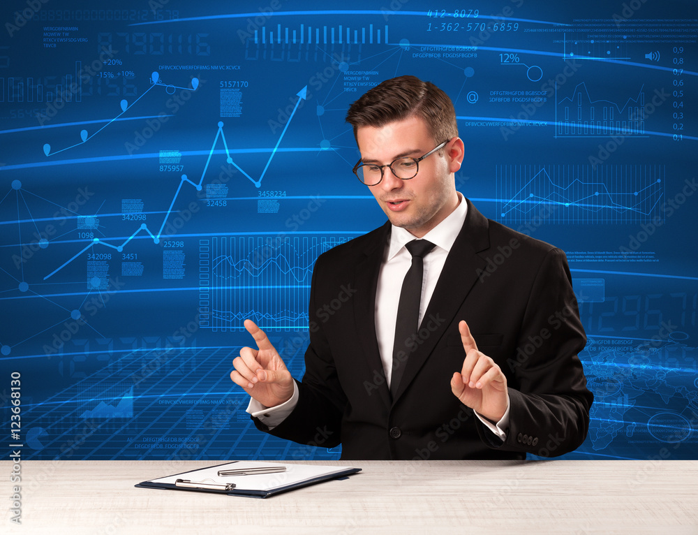 Stock data analyst in studio giving adivce on blue chart backgro
