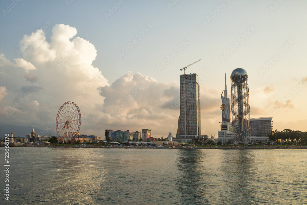 Batumi city in the sunset. View from the sea.