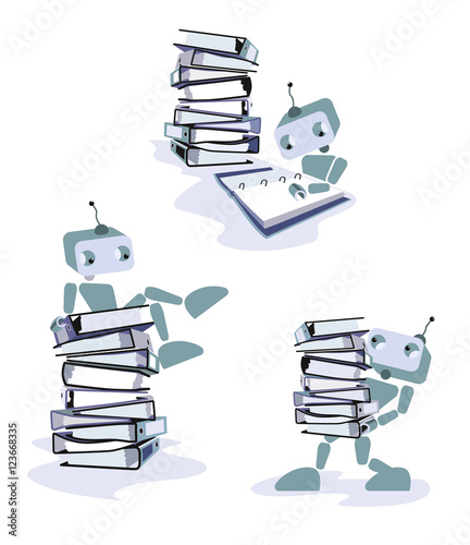 A Robot reading documents isolated on a white background. Concept of office supply, information classification, digitalization.
