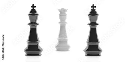 Two chess kings and one queen on white background. 3d illustration