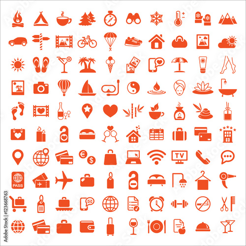 rest restaurant travel tourism camping expedition hotel summer 100 icon big orange simple vector icons set on white background