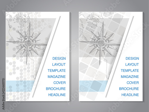 Vector modern brochure with hand draw map and compass design, flyer with grey dotted background. Layout template. Aspect Ratio for A4 size. Poster of blue, grey and white color. Magazine cover.