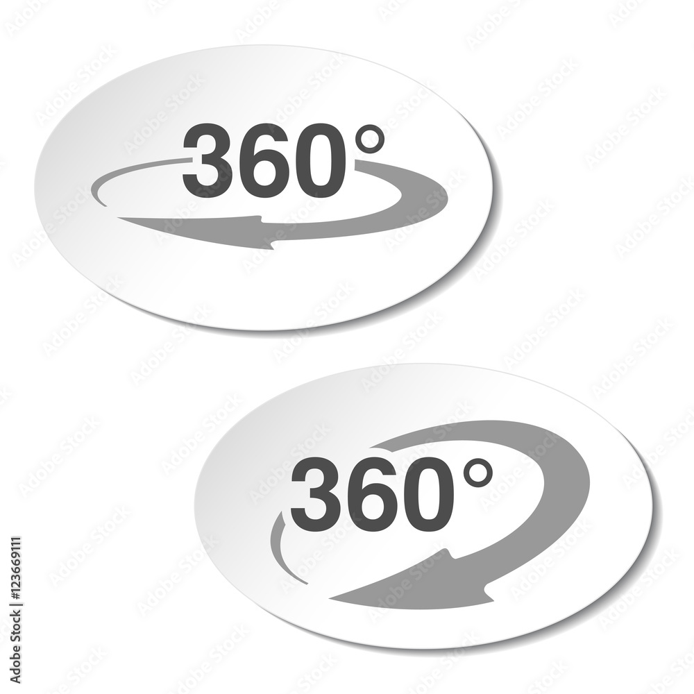 Vector buttons for virtual tour, oval labels with arrow and with text 360-, white stickers. Vector buttons for virtual tour, oval labels with arrow and with text 360-, white stickers.
