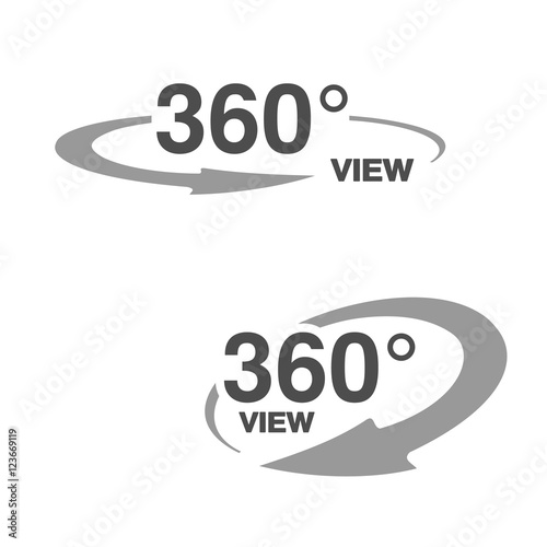 Vector symbols for virtual tour, oval labels with arrow and with text 360 and view.