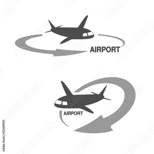 Vector symbol of arrow with flying airplane - icon, symbol for airport