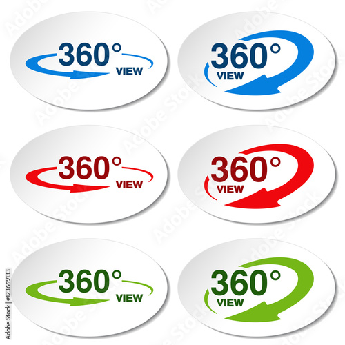 Vector white stickers for virtual tour, oval labels with blue, red, green arrow and with text 360 and view.