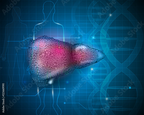Cirrhosis of the Liver anatomy illustration, abstract scientific DNA background with human silhouettes