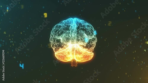 Abstract digital computer brain surrounded by cloud of numeric data