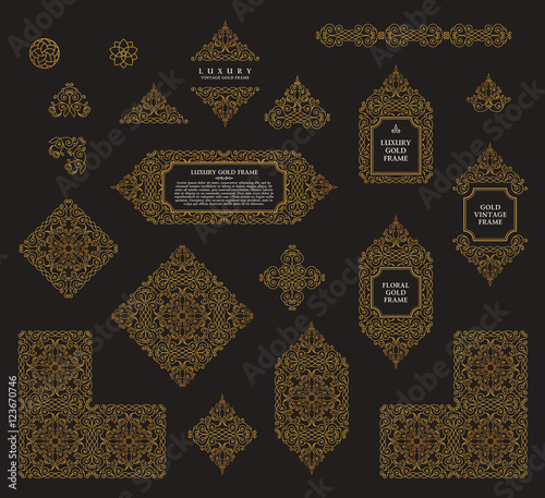 Arabic vector set of frames lines art design templates. Muslim gold outline elements and emblems