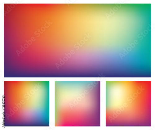 Set of blurred gradient mesh backgrounds in bright rainbow colors. Colorful smooth banner templates. Easy editable soft colored abstract vector illustration in eps8 without transparency.