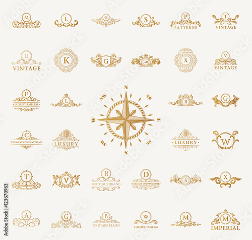 Luxury vintage logos set. Calligraphic emblems and elements