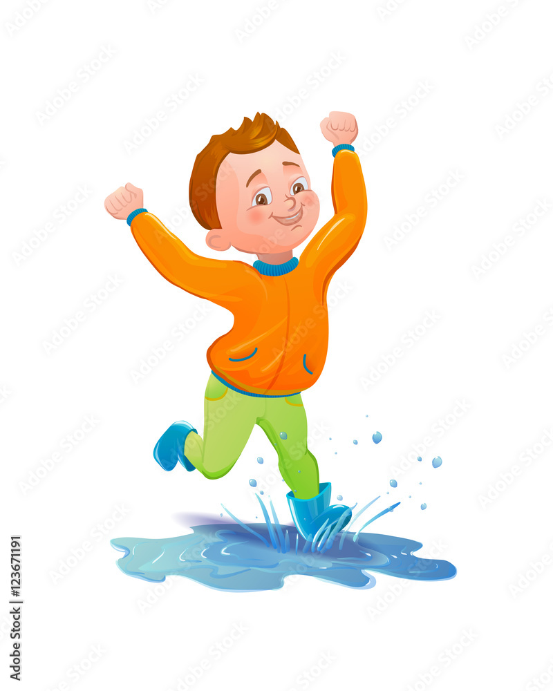 Boy in raincoat jumping and playing in the rain. Smiling cartoon