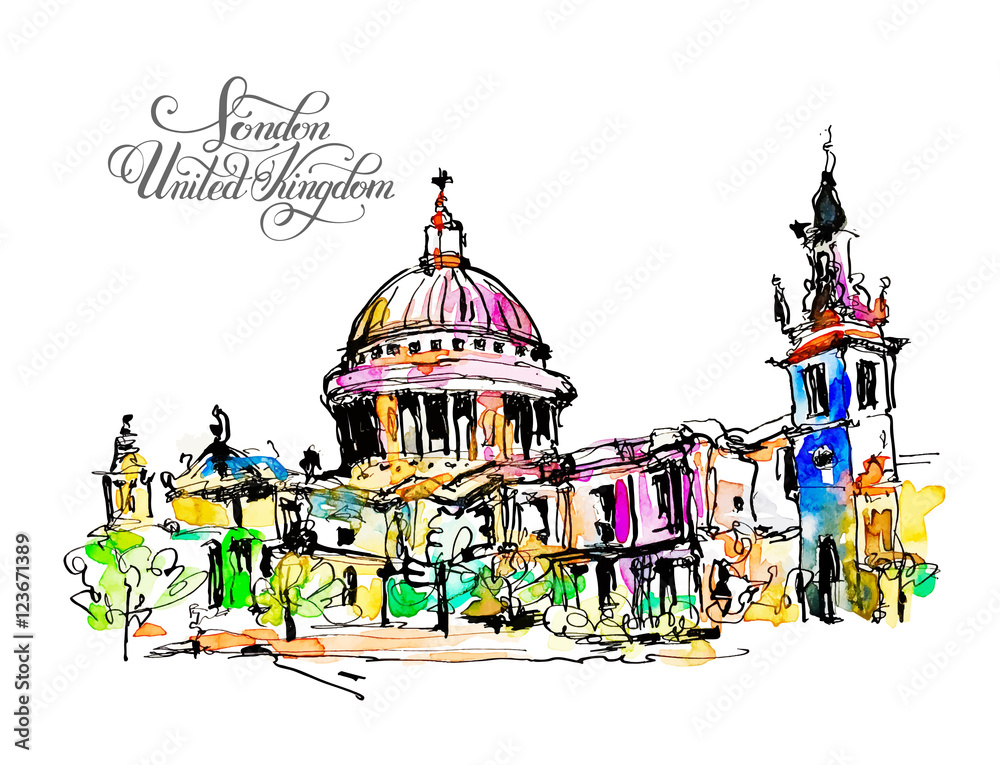 sketch watercolor painting of London top view - St. Paul Cathedr