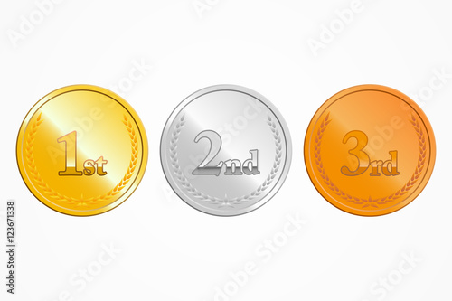 Gold, silver and bronze place medals on white background, vector