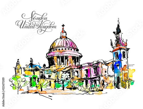 sketch watercolor painting of London top view - St. Paul Cathedr