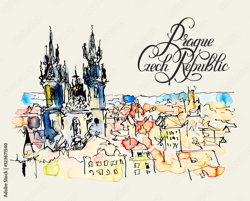 Fototapeta premium watercolor freehand sketch drawing of Prague Czech Republic top