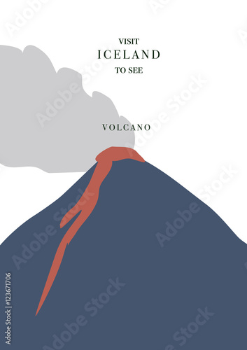 Iceland inviting postcard. Active volcano with red magma and smoke vector, simple flat design.