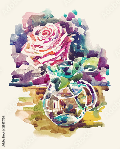 hand drawn watercolor still life rose in glass vase illustration