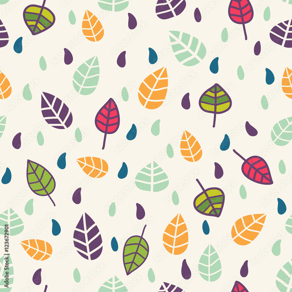 Seamless pattern in vector made of leaves and drops