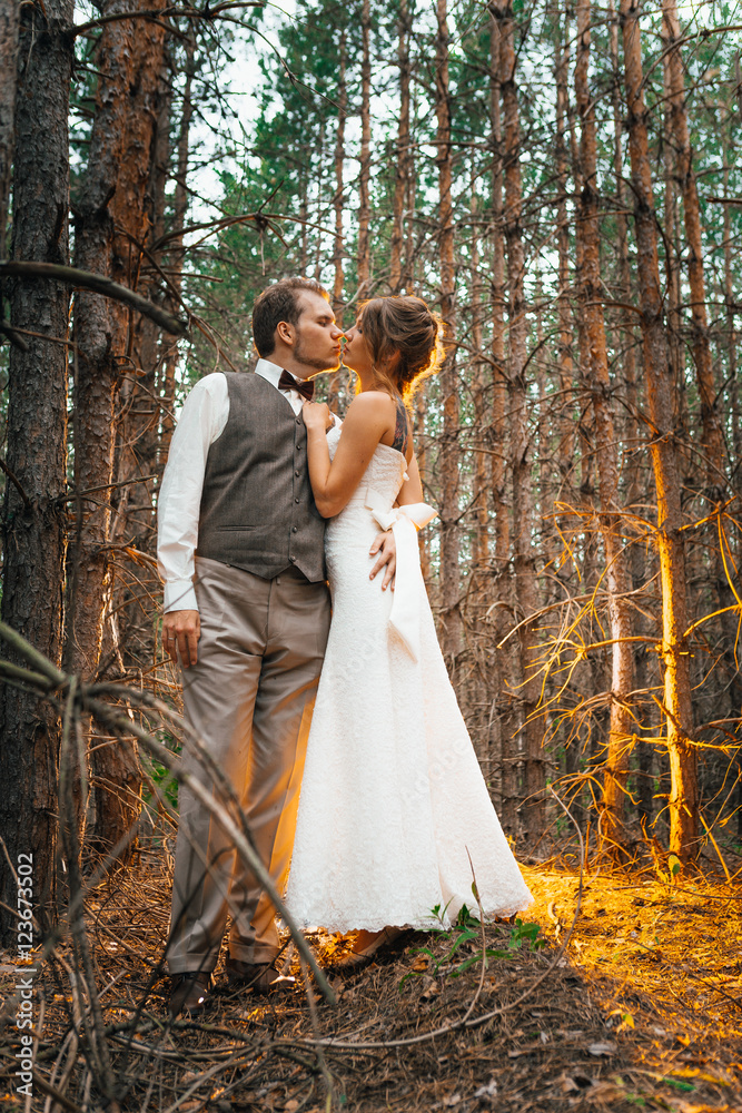 dramatic picture bride and groom on the background of leaves forest backlight dramatic picture bride and groom on the background of leaves forest backlight