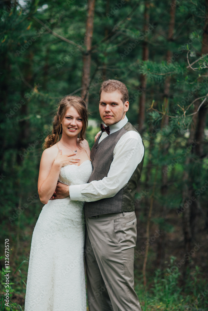 Bride and groom are embracing against the background forest Bride and groom are embracing against the background forest