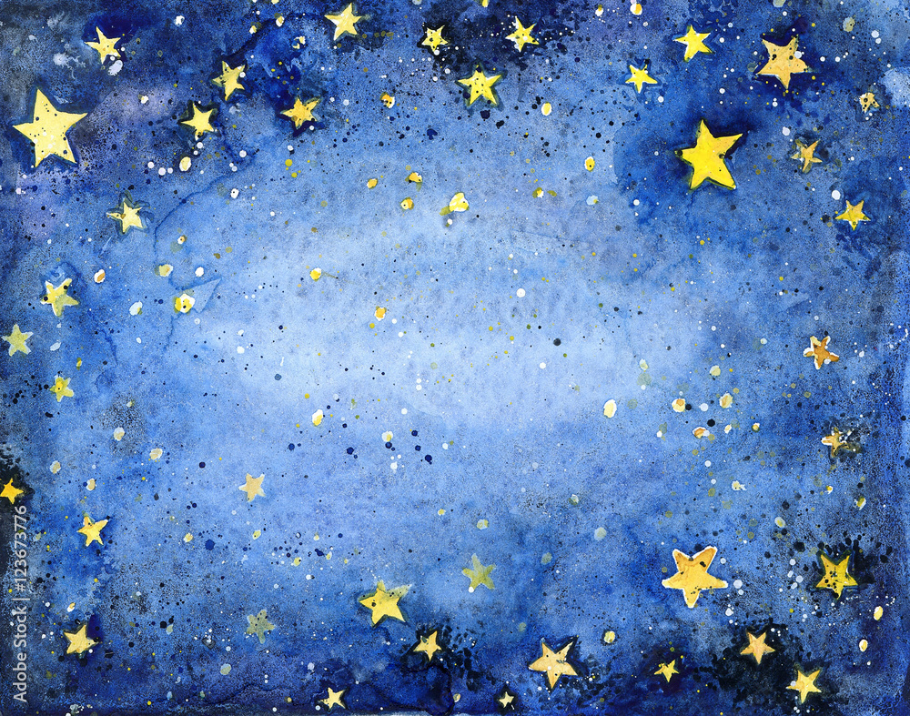 Hand painted watercolor blue sky with bright stars