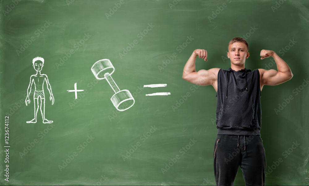 Skinny hand drawn plus dumbbell equals handsome muscled man on green chalkboard background
