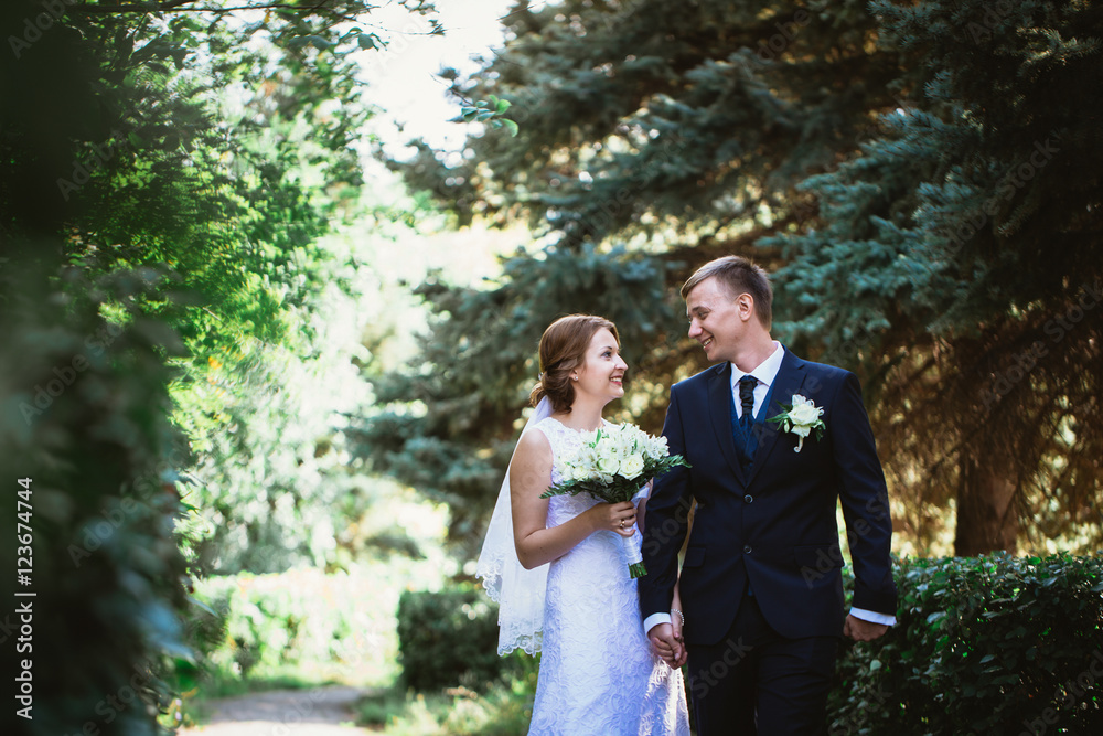 couple bride and groom on a park background couple bride and groom on a park background