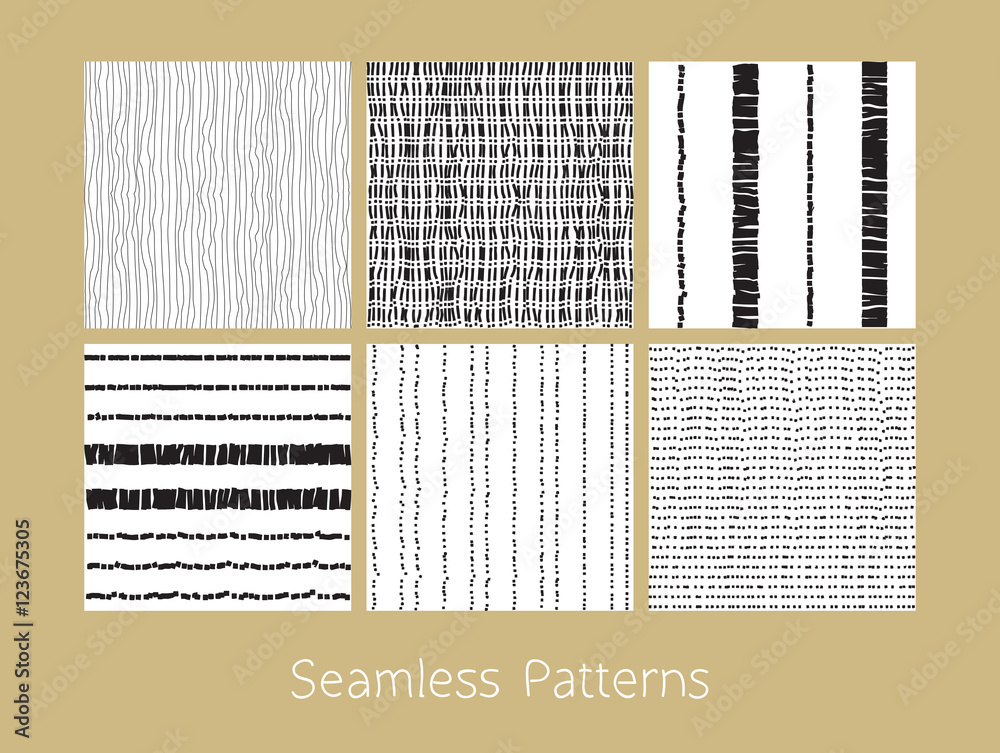 Set of dotted and dashed seamless patterns. Stylized burlap and matting abstract repeating textures in black and white colors. Vector eps8 illustration.