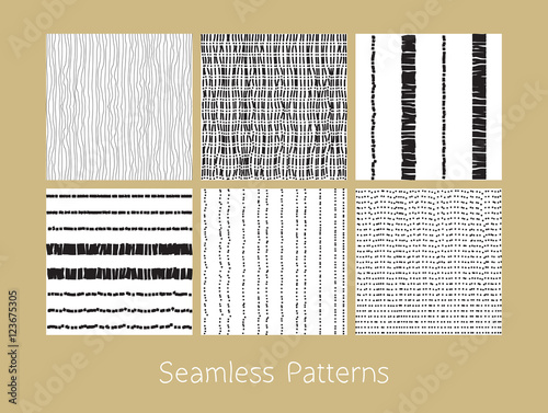 Set of dotted and dashed seamless patterns. Stylized burlap and matting abstract repeating textures in black and white colors. Vector eps8 illustration.