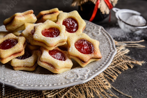 Christmas Linzer cookies with jam photo