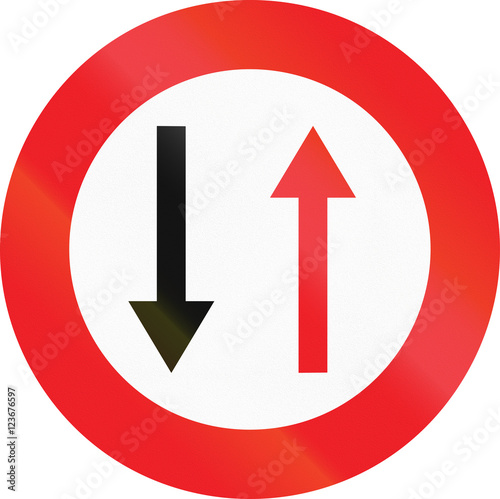 Belgian regulatory road sign - Give way to oncoming traffic