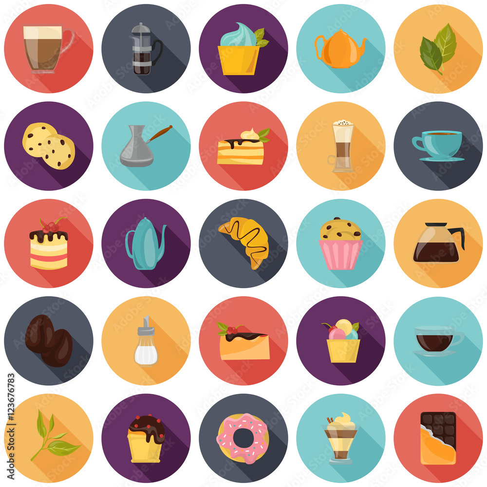 Set of different color coffee, tea and sweets icons. Flat design. Modern concept for web and mobile Set of different color coffee, tea and sweets icons. Flat design. Modern concept for web and mobile