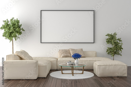 Living room - on the wall an empty picture frame - mockup