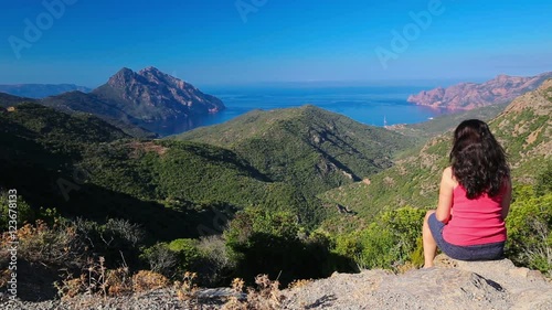 View from famous D81 coastal road with view of Golfe de Girolata from Bocca Di Palmarella, Corsica, France, Europe photo