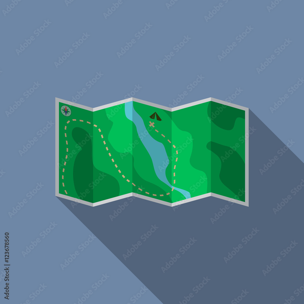 Flat design modern vector illustration of paper map icon, camping and hiking equipment with long shadow Flat design modern vector illustration of paper map icon, camping and hiking equipment with long shadow