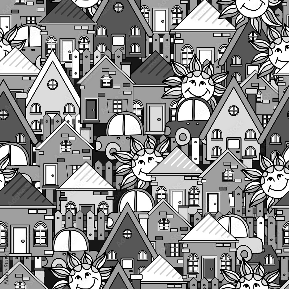 Vector Street design,  seamless pattern with house, fence, sun.  background  in childish style.
