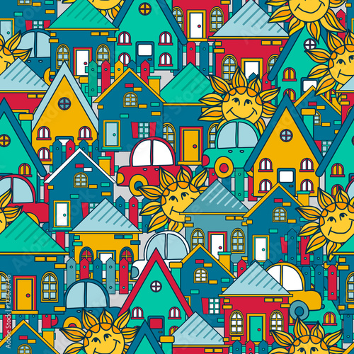 Vector Street design, seamless pattern with house, fence, sun. background in childish style.