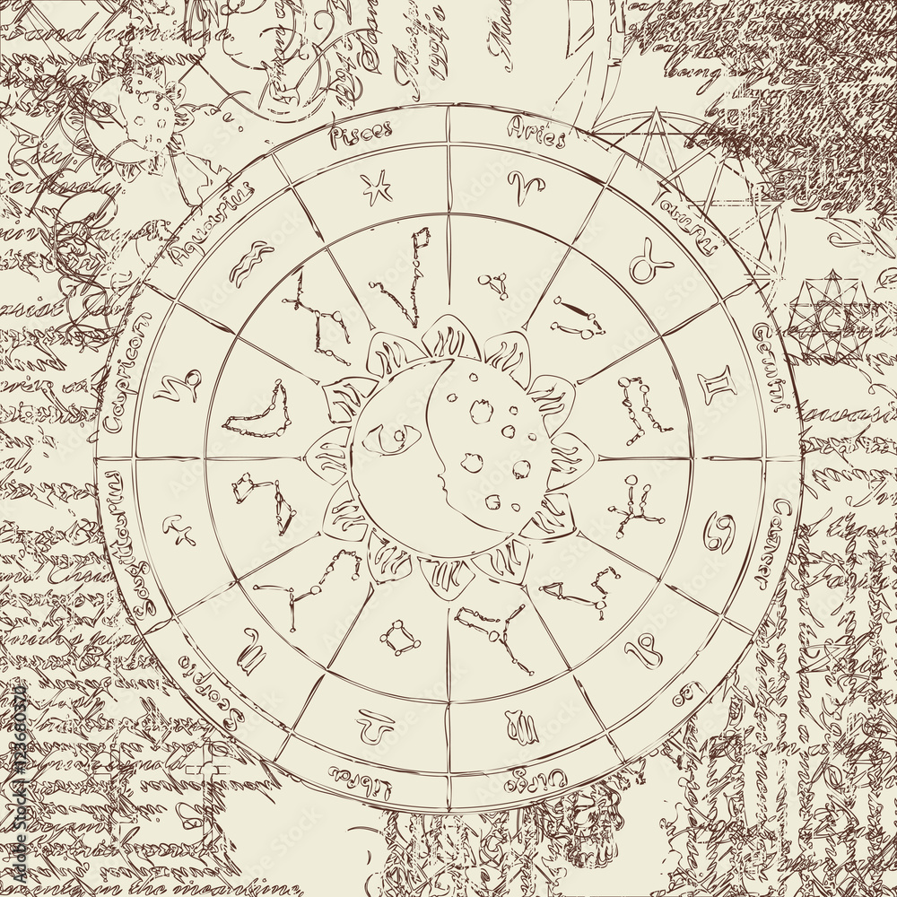 zodiac with the sun, moon and constellations against the background of the papyrus with different symbols