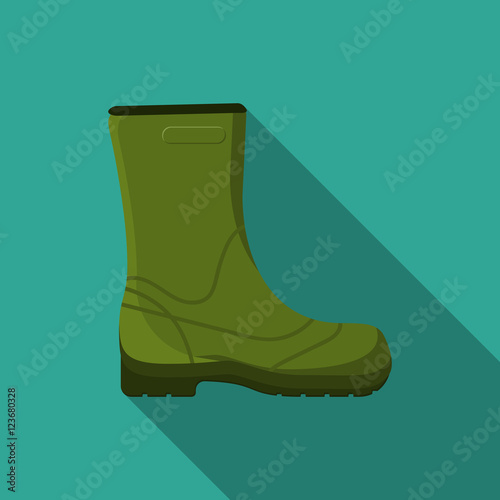 Flat design modern vector illustration of rubber boot icon, camping, hiking and fishing equipment with long shadow