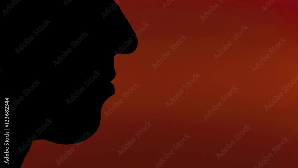 Silhouette shot of a woman blowing into a whistle. Red background.
Silhouette shot of a woman blowing into a whistle. Red background.