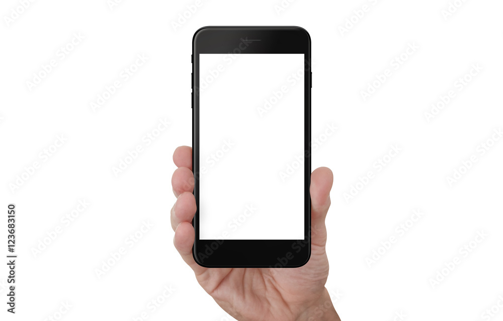 Hand show black phone with isolated white screen for mockup. Hand show black phone with isolated white screen for mockup.