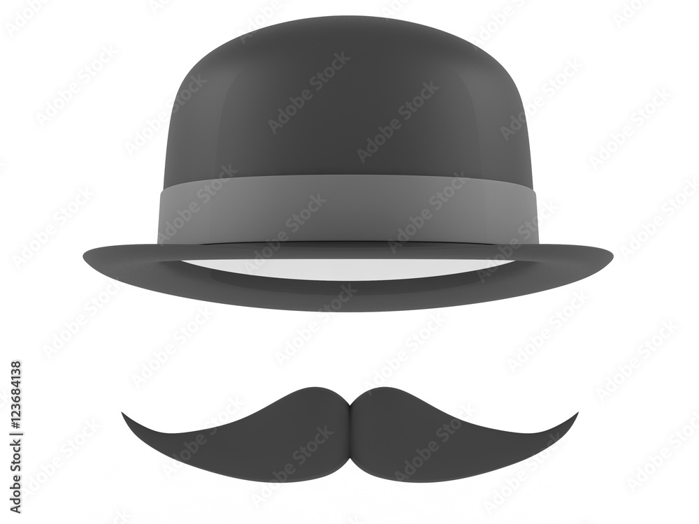 Bowler hat and mustaches on a white background. 3D rendering Bowler hat and mustaches on a white background. 3D rendering