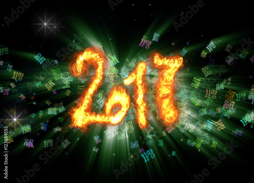 Happy new year 2017 isolated numbers written with fire on bright bokeh background full of flying digits 3d illustration