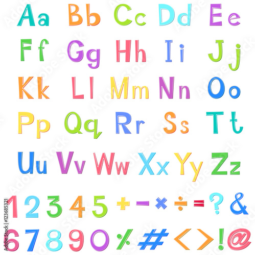 English alphabets and numbers in many colors