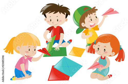 Boys and girls folding paper airplane