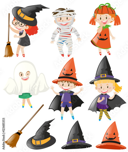 Halloween set with kids in costumes